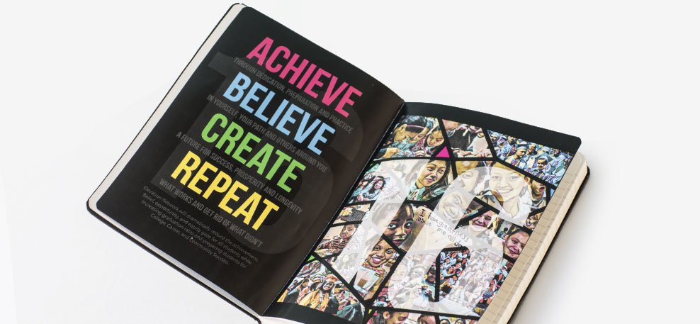 Open customised notebook with a full colour custom printed double page