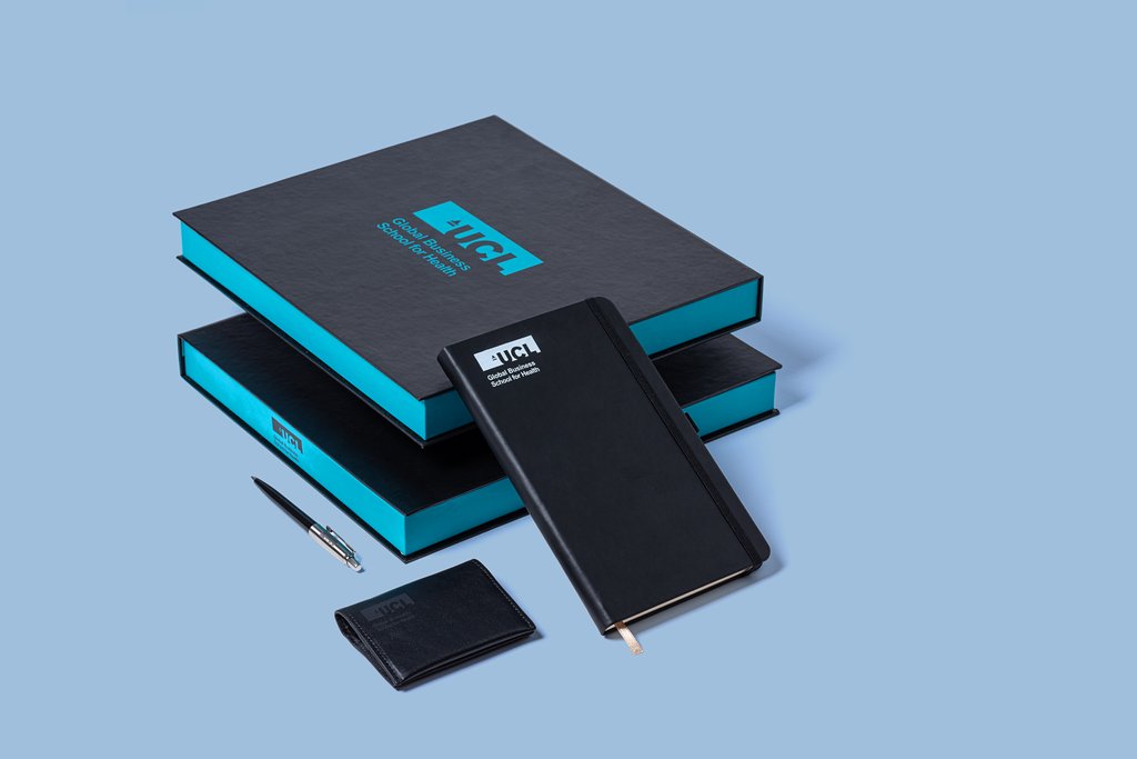 UCL event gift boxes and branded notebooks by Bookblock