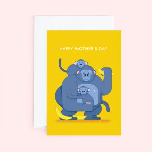 Customisable Mothers Day greeting card with Gorilla Mum and her cubs