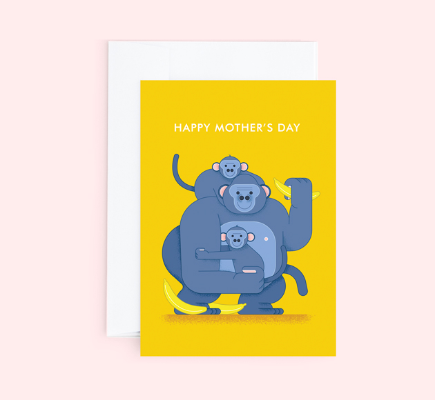 Customisable Mothers Day greeting card with Gorilla Mum and her cubs