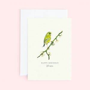 Customisable Birthday greeting card with green Budgie on a branch