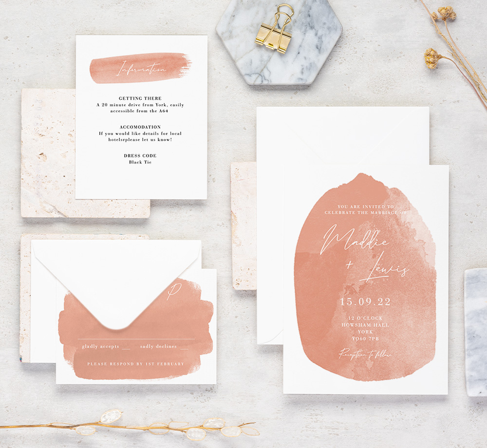 Blush rustic wedding invitation suite in pink and white colours