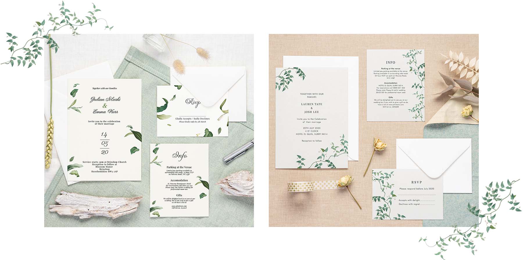 Three elegant style wedding invitations suites in green and white colours 