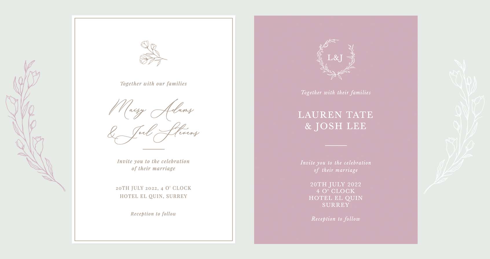 Two elegant style wedding invitations in gold and pink colours