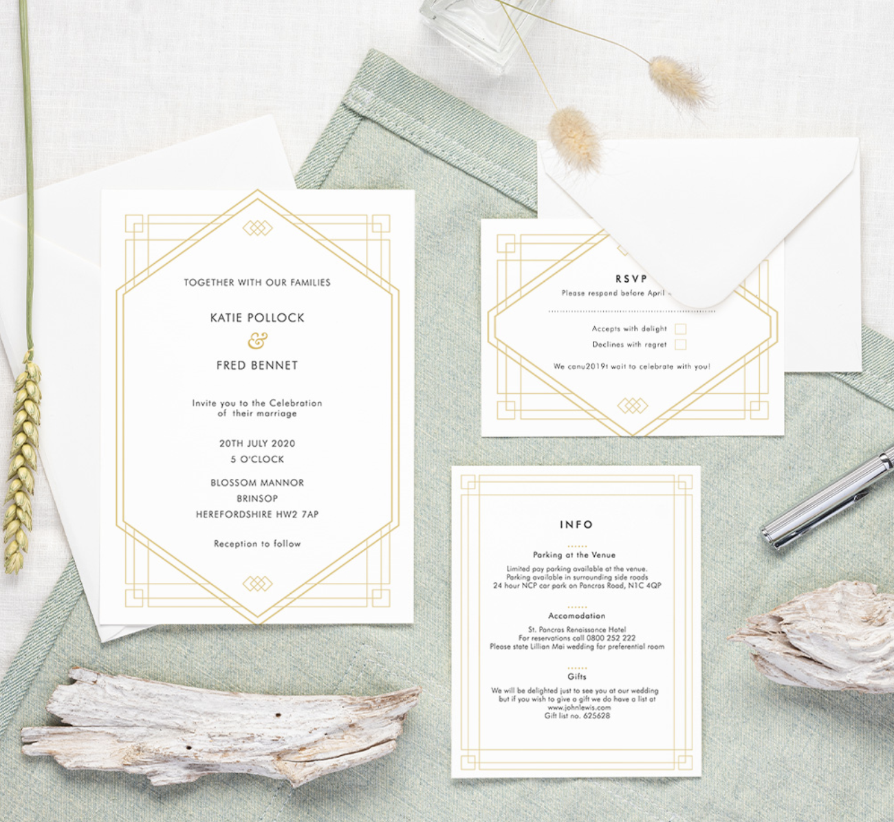 Elegant, art deco style wedding invitation in gold and white