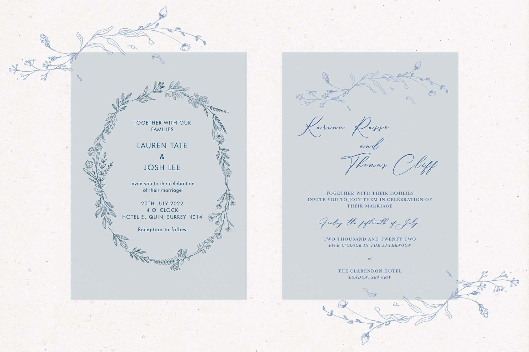 Two luxury g . f. smith wedding invitations in blue colours, with decorative floral illustrations