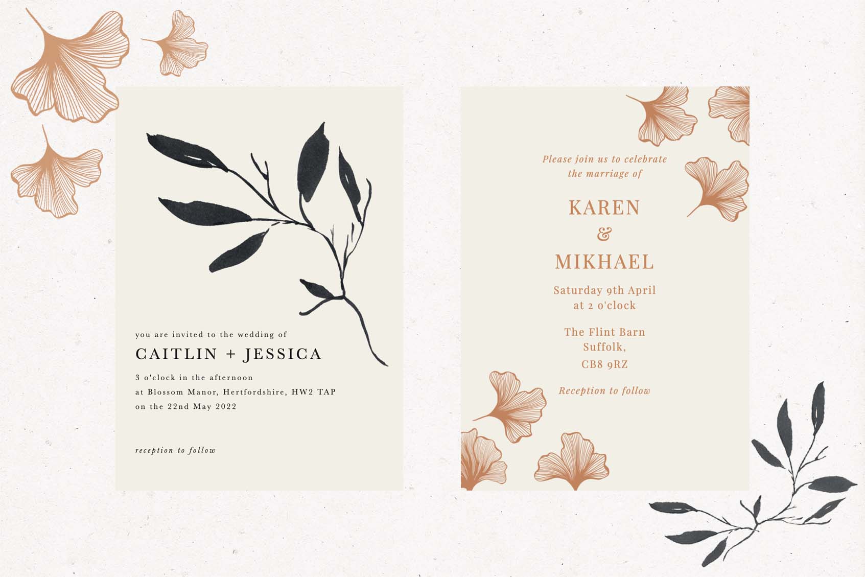 Two luxury g . f. smith wedding invitations in cream, black and orange colours, with decorative leaf illustrations
