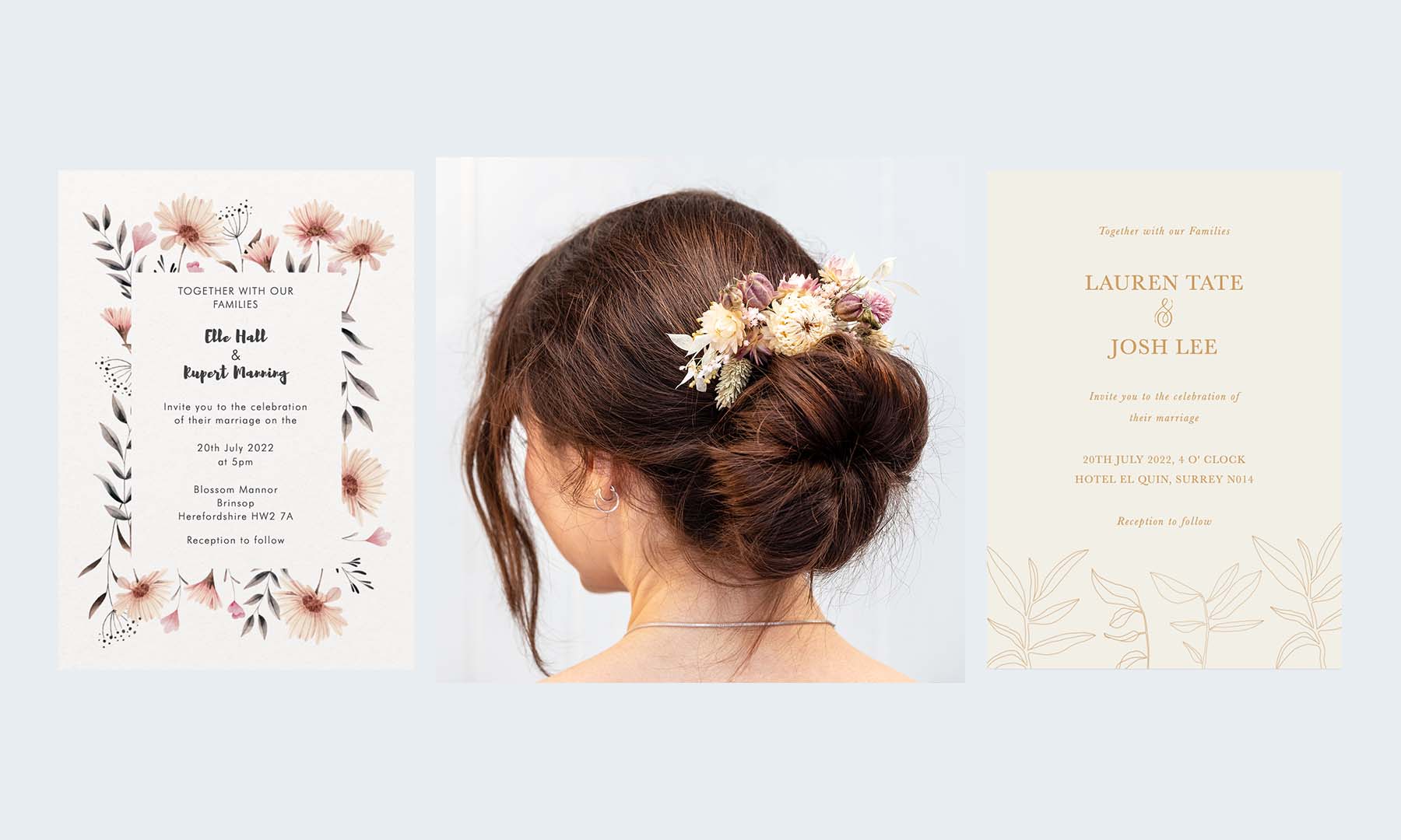 Two wedding invitations and a photo of a bridesmaid wearing a hair comb in pink and cream colours
