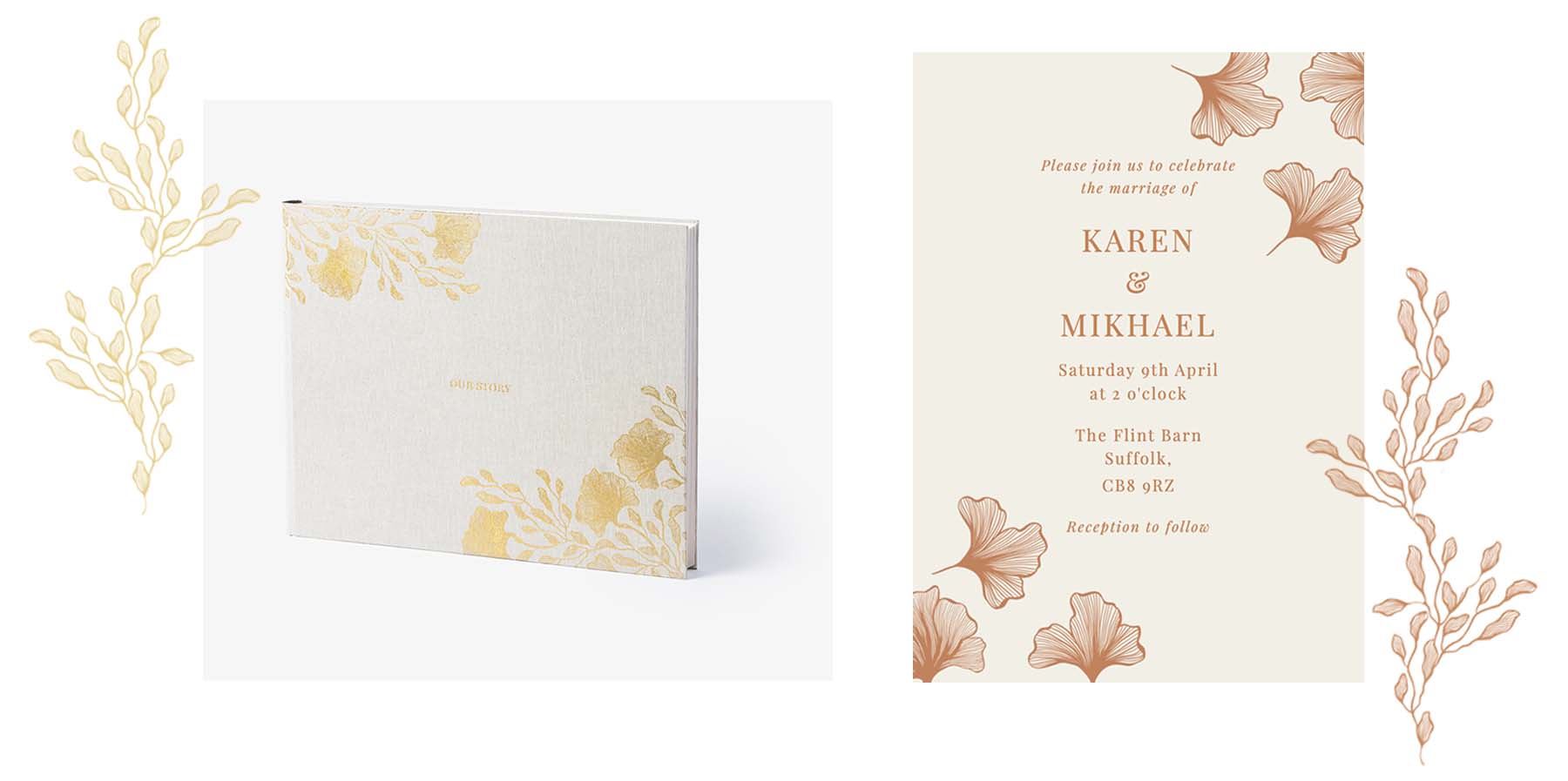 A photo album and wedding invitation with ginkgo leaves, in gold, cream and brown colours