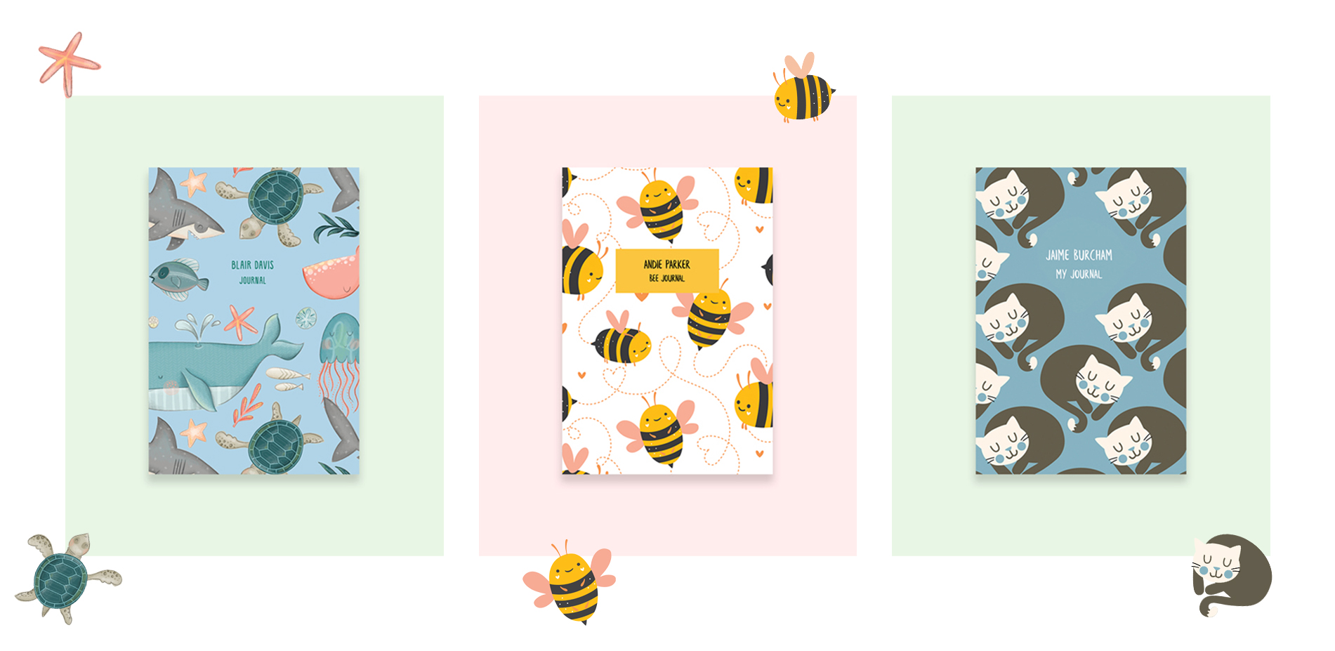 Three kids notebooks in Under the Sea, Bumble Bees and Sleepy Cats patterns