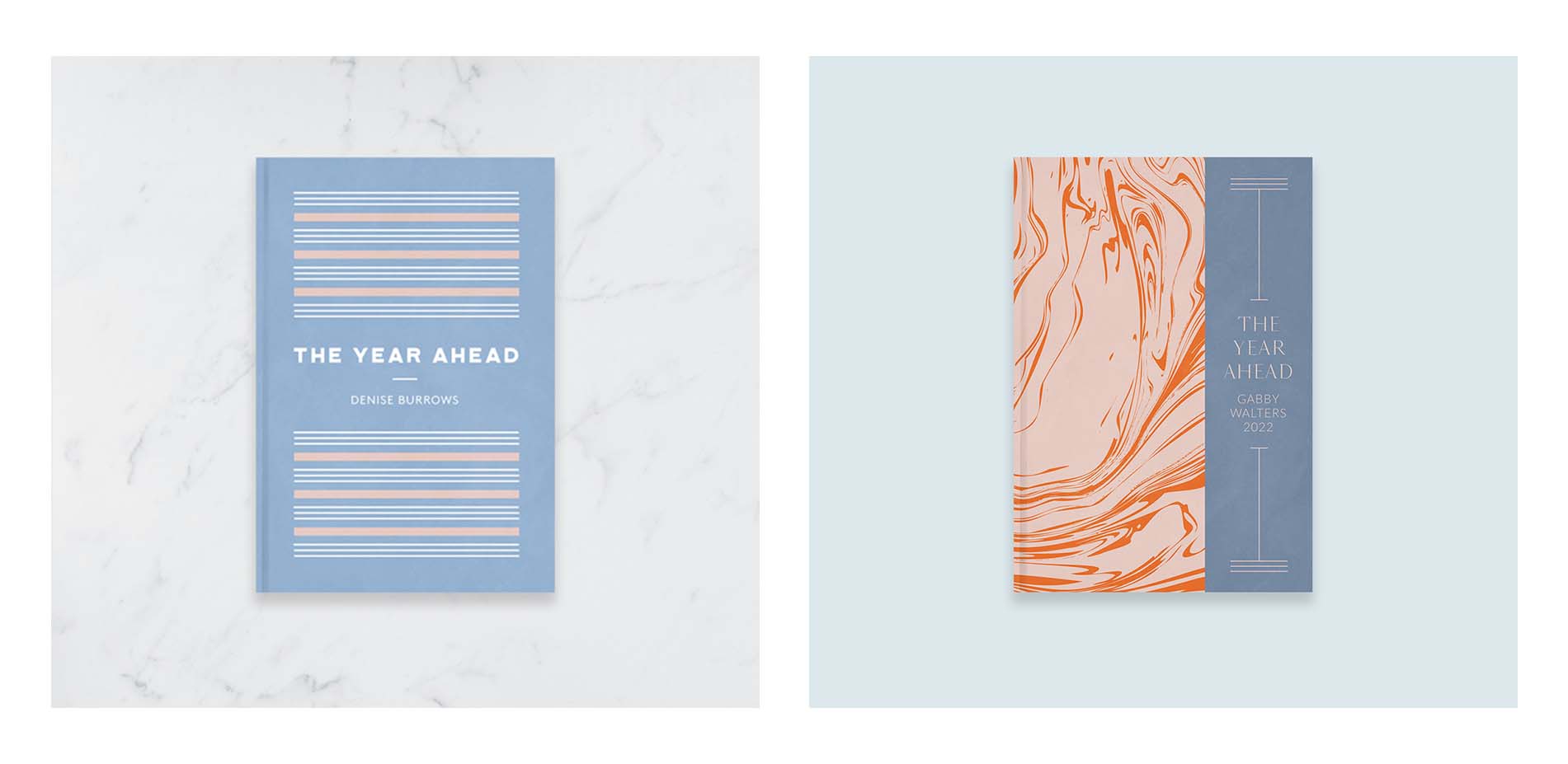 Two patterned Academic Diaries with the titles 'The Year Ahead', in blue, pinks and oranges.