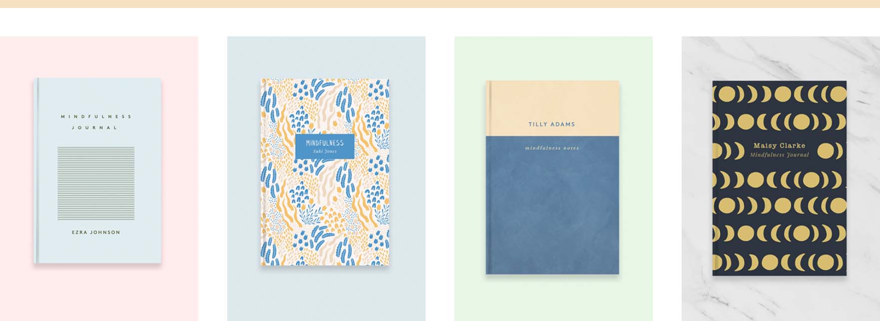 Four examples of Mindfulness Journal covers with lines, abstract and moon patterns