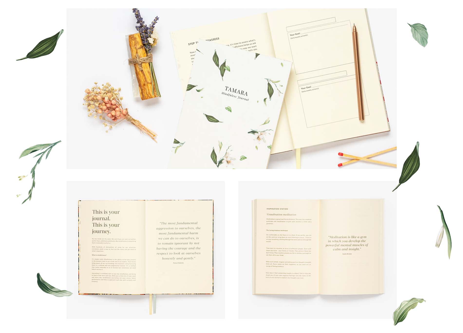 Pages from Mindfulness Journals with leaf decorations