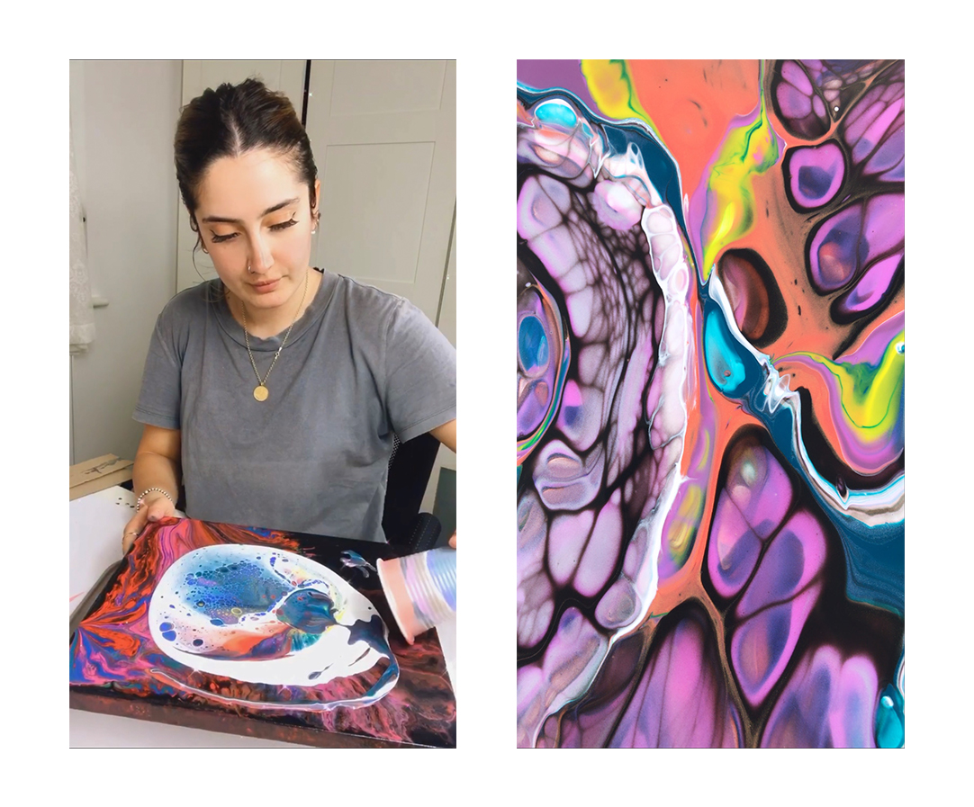Photo of designer Selma Gulbahce creating a painting and one of her abstract fluid paintings.