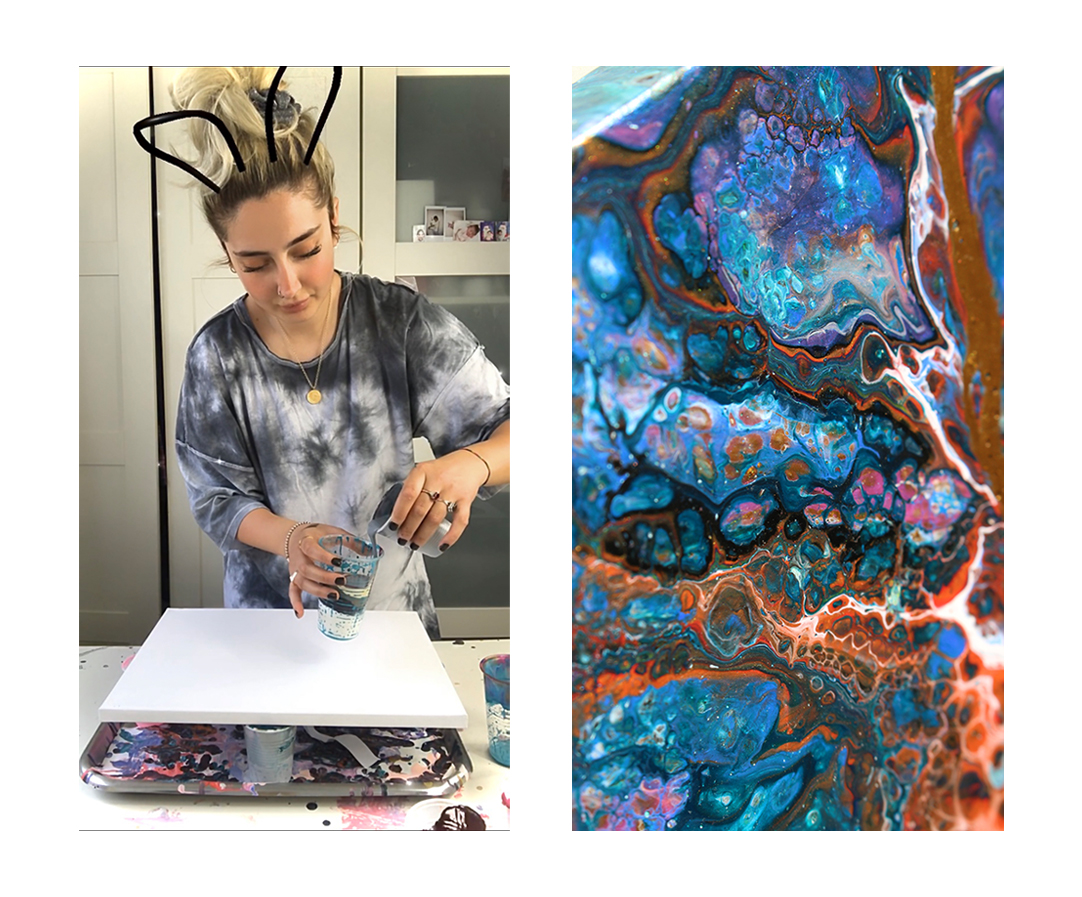 Photo of designer Selma Gulbahce creating a painting and image of one of her finished paintings.
