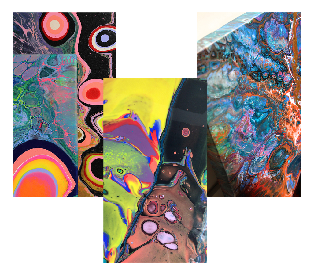 Three of Selma Gulbahce's abstract fluid paintings in bold colours.