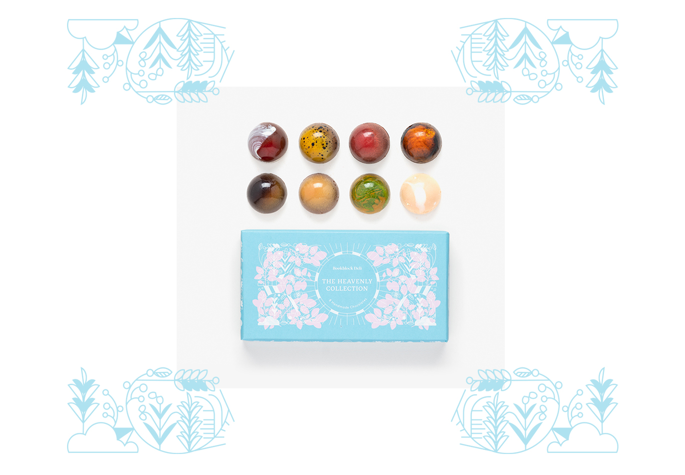 Bookblock's Heavenly Collection of Handmade Chocolates with illustrative detail.