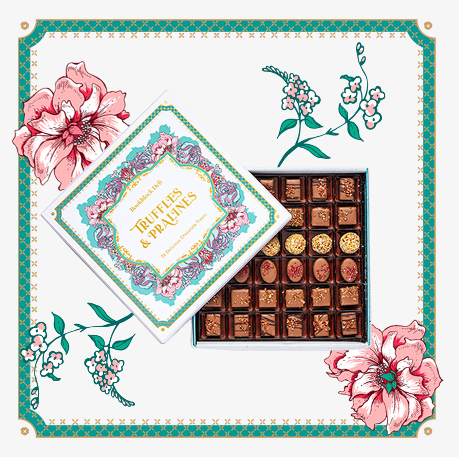 Bookblock's 36 Truffle & Praline Collection of chocolates with floral detail