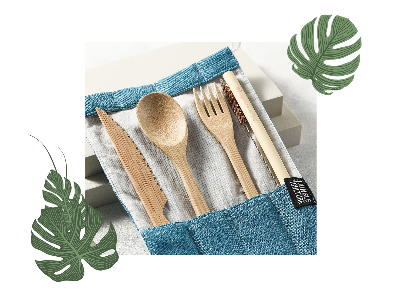 Jungle Culture Bamboo Cutlery with monstera leaf decoration