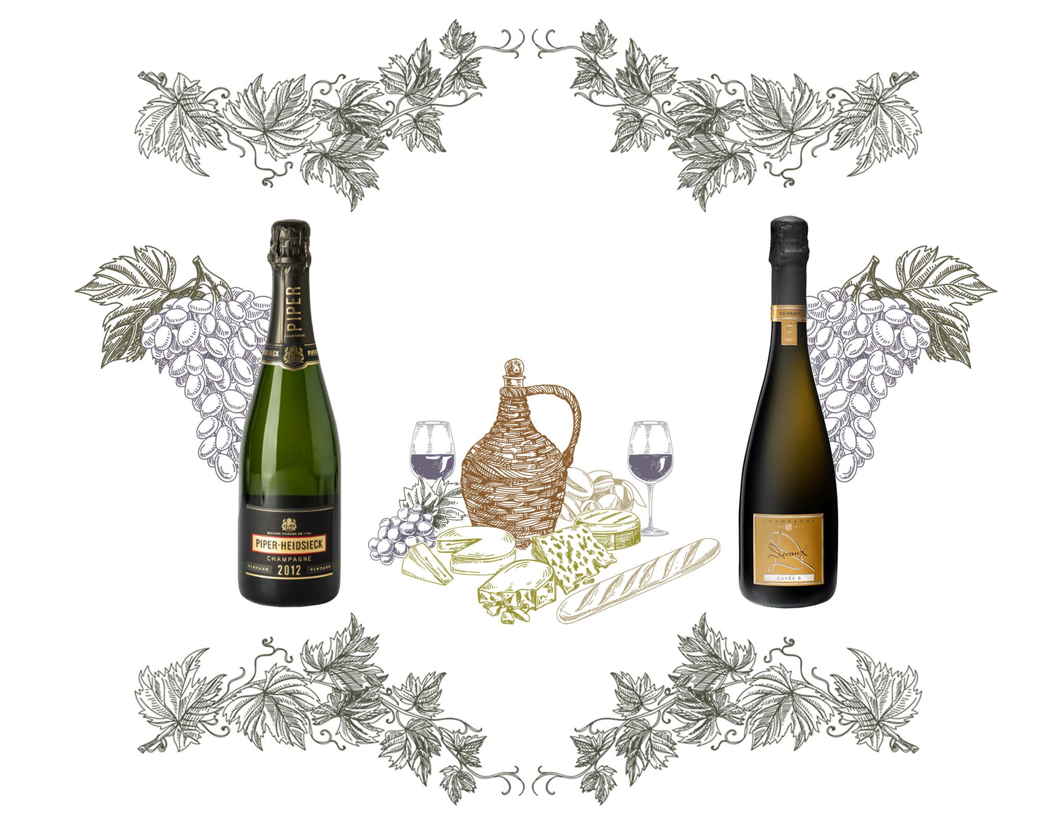 Champagne Brut Vintage 2012 and Cuvée Aged 5 Years Champagne with wine and cheese illustrative decoration