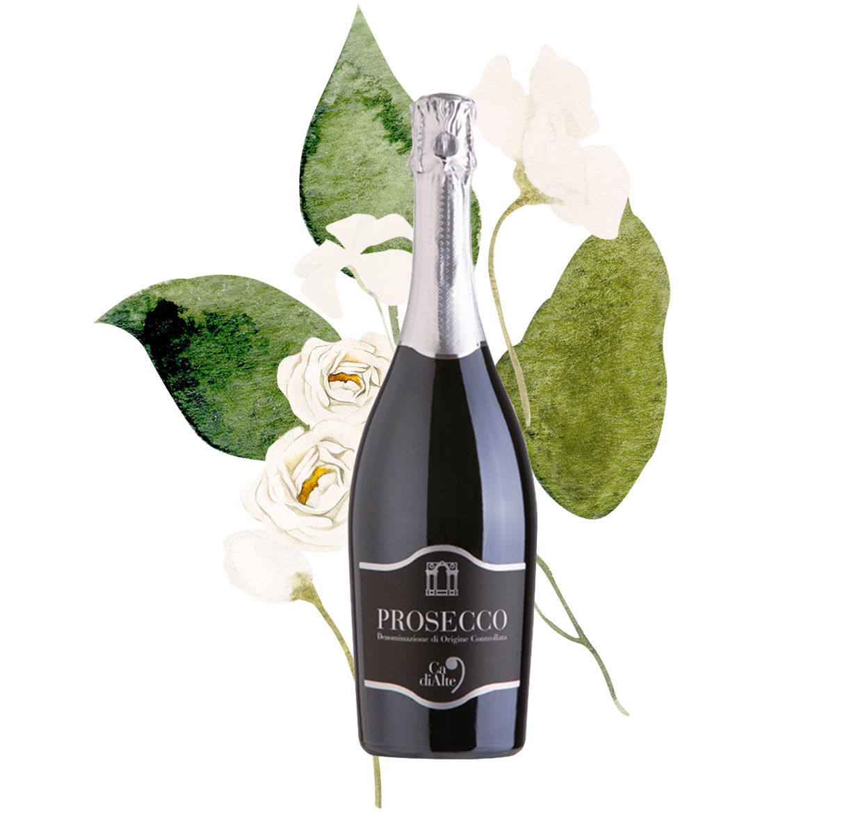 Prosecco Spumante Extra Dry with floral decoration in creams and greens