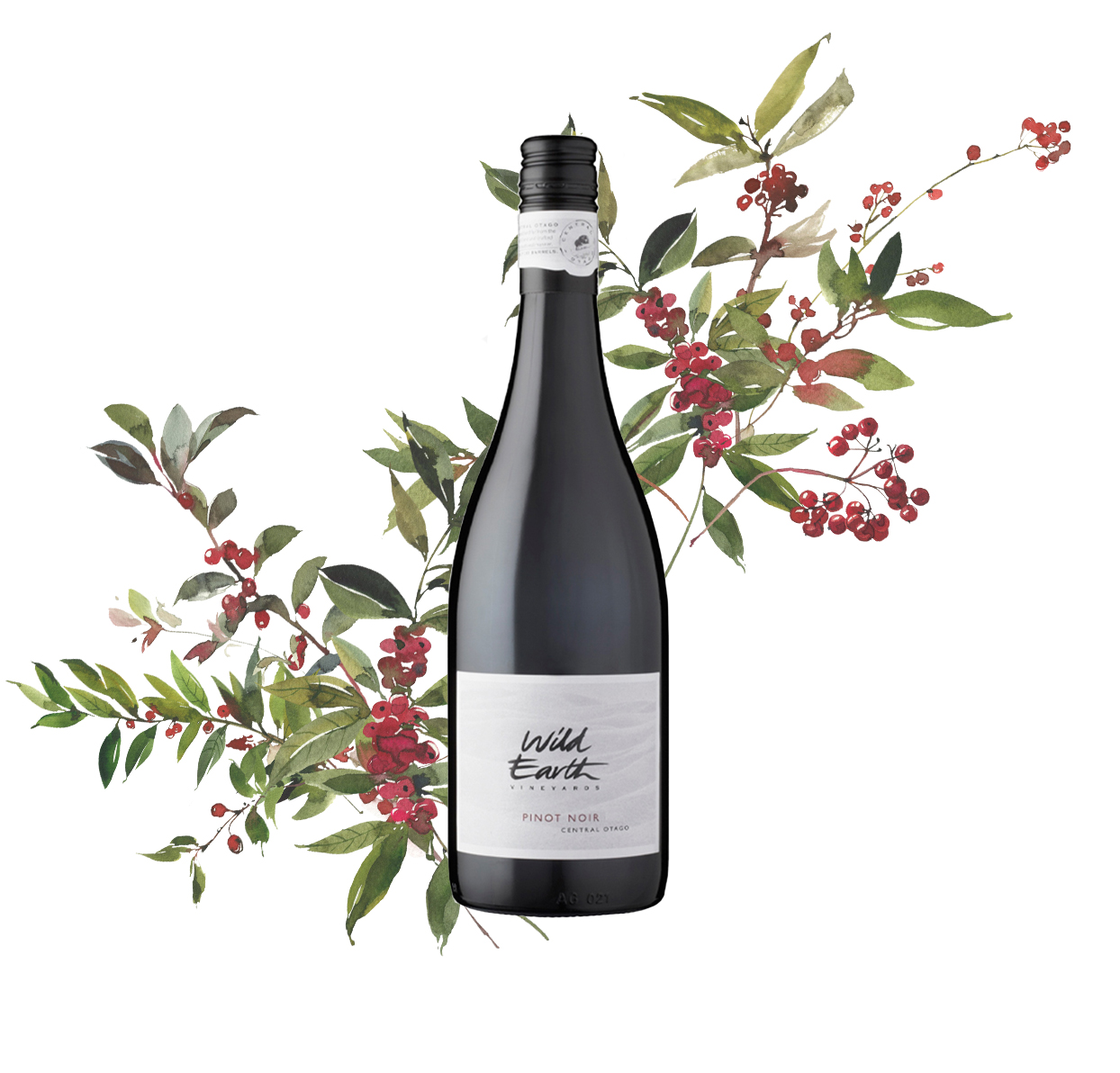 2018 Central Otago Pinot Noir with grape and leaf decorations in reds and greens
