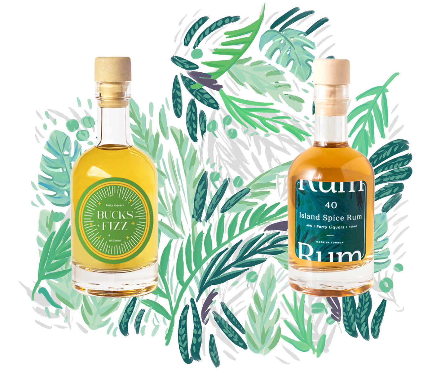 Bucks Fizz and Island Spiced Rum with illustrative leaf decoration in green