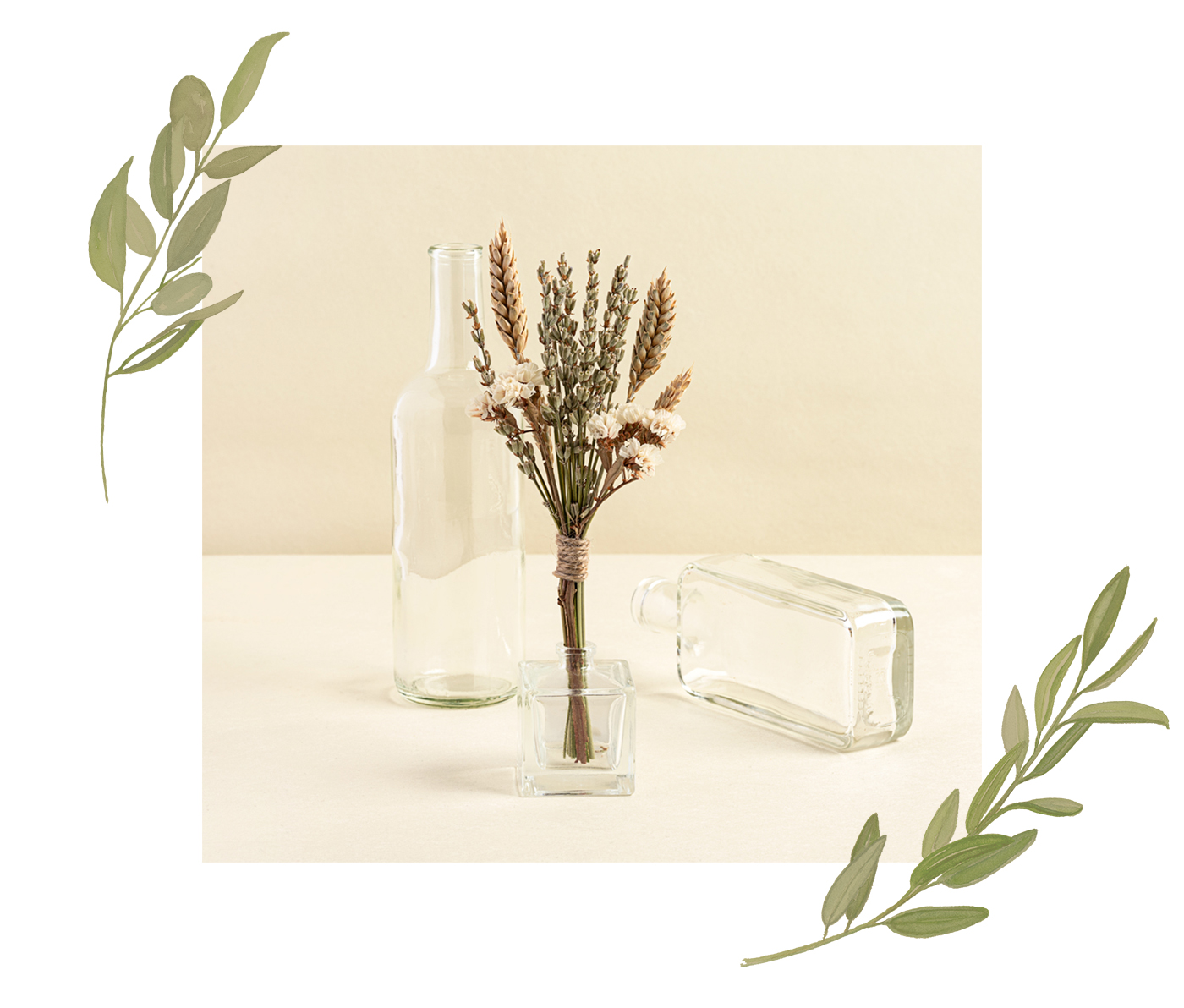 Small Sun Dried Lavender Flower Arrangement with green leaf decoration