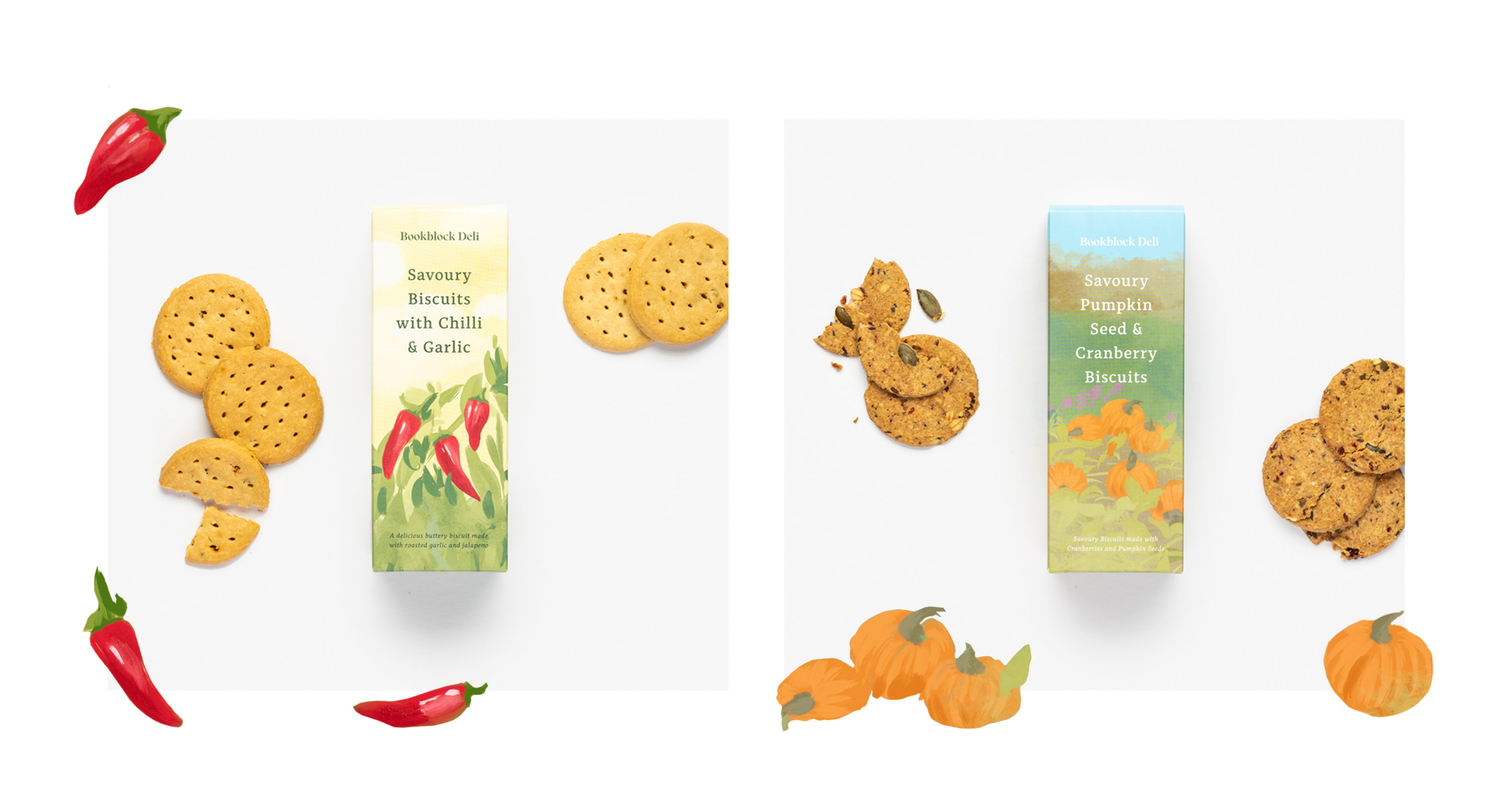 Savoury Chilli & Garlic and Savoury Pumpkin Seed Biscuits with chilli and pumpkin illustrations