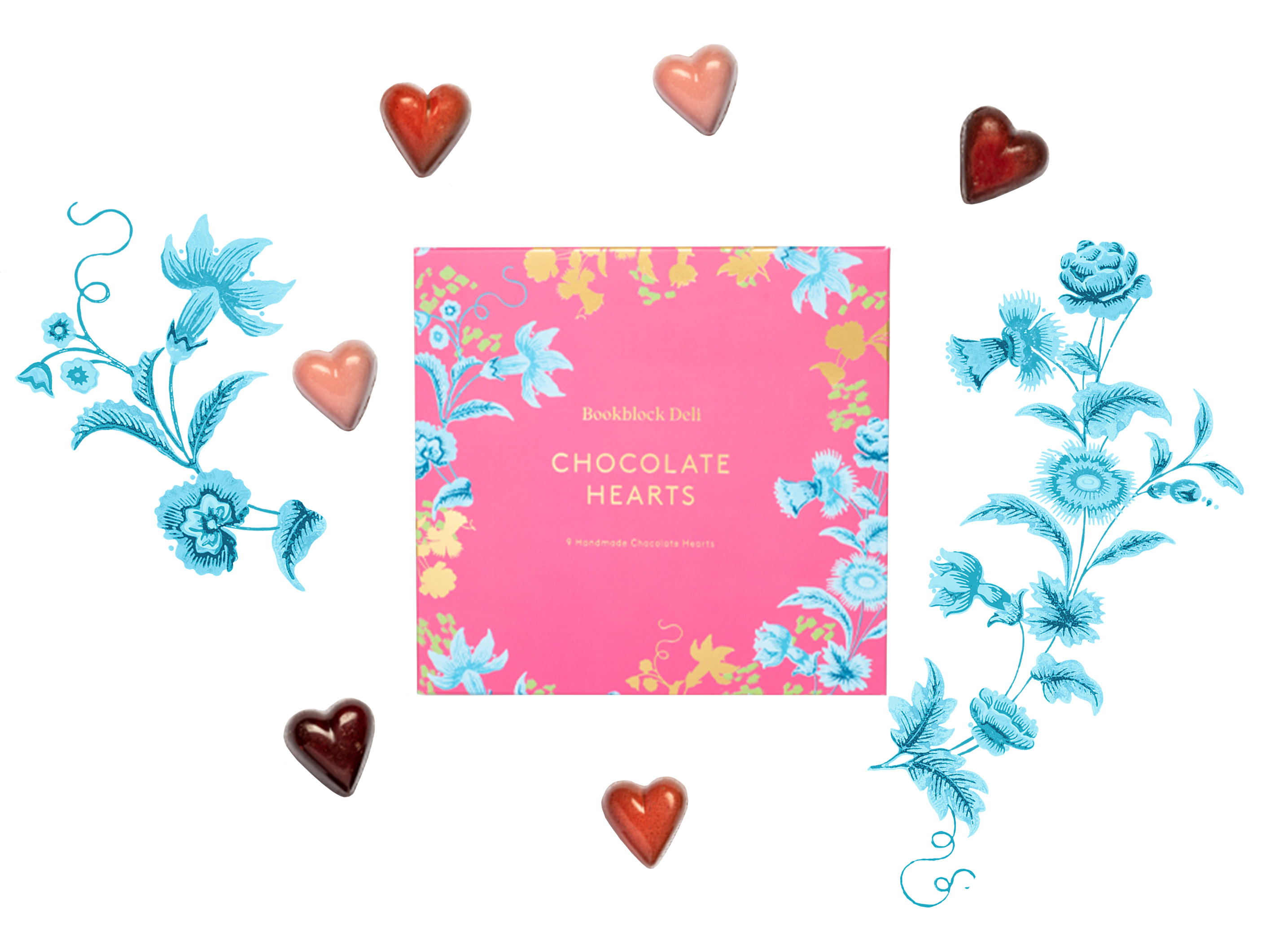 Handmade Chocolate Hearts box with chocolate hearts and floral decoration in pinks and blues