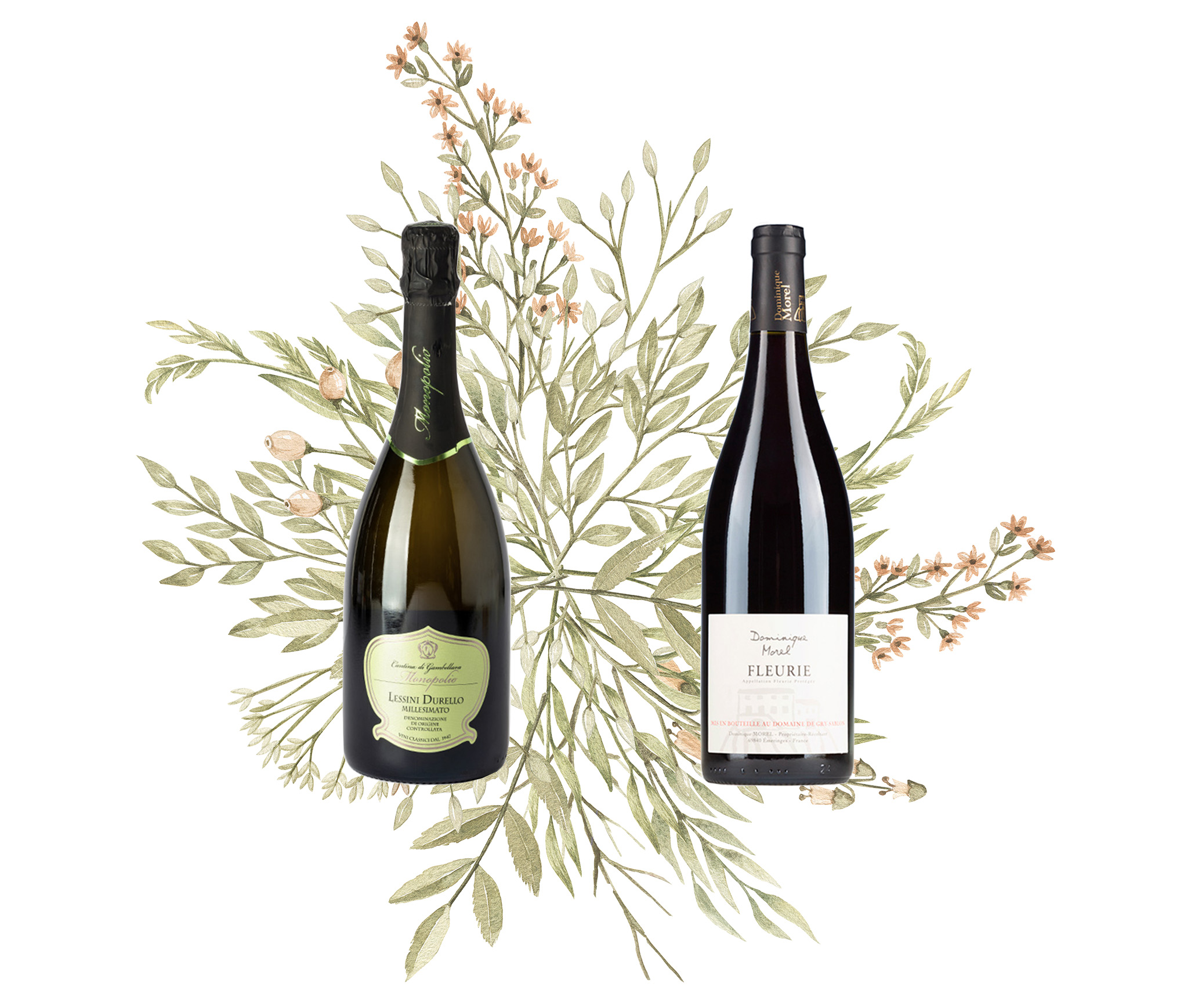 2019 Monopolio Durello Spumante and 2018 Fleurie with leaves decoration in greens