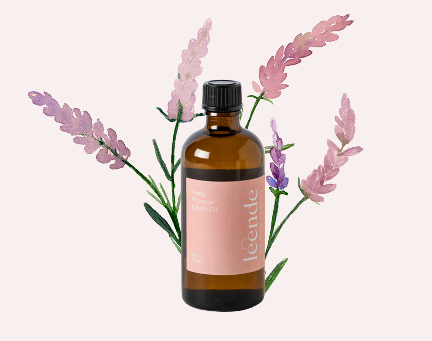 100% Natural Massage and Sleep Oil with Lavender decoration in pinks and purples