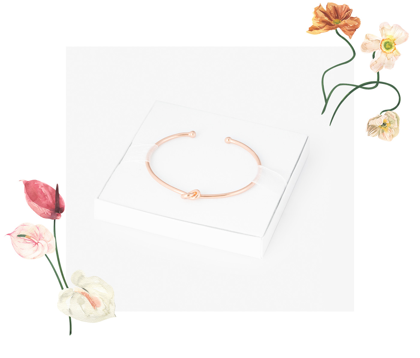 Rose Gold Knot Bangle with floral decoration in pinks, creams and oranges