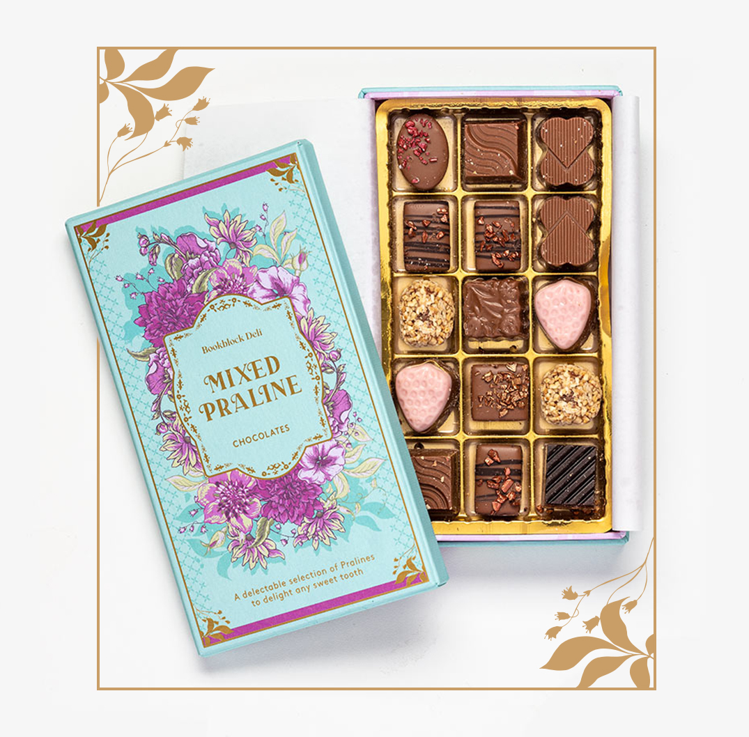 15 Mixed Praline Chocolates with gold leaf border decoration