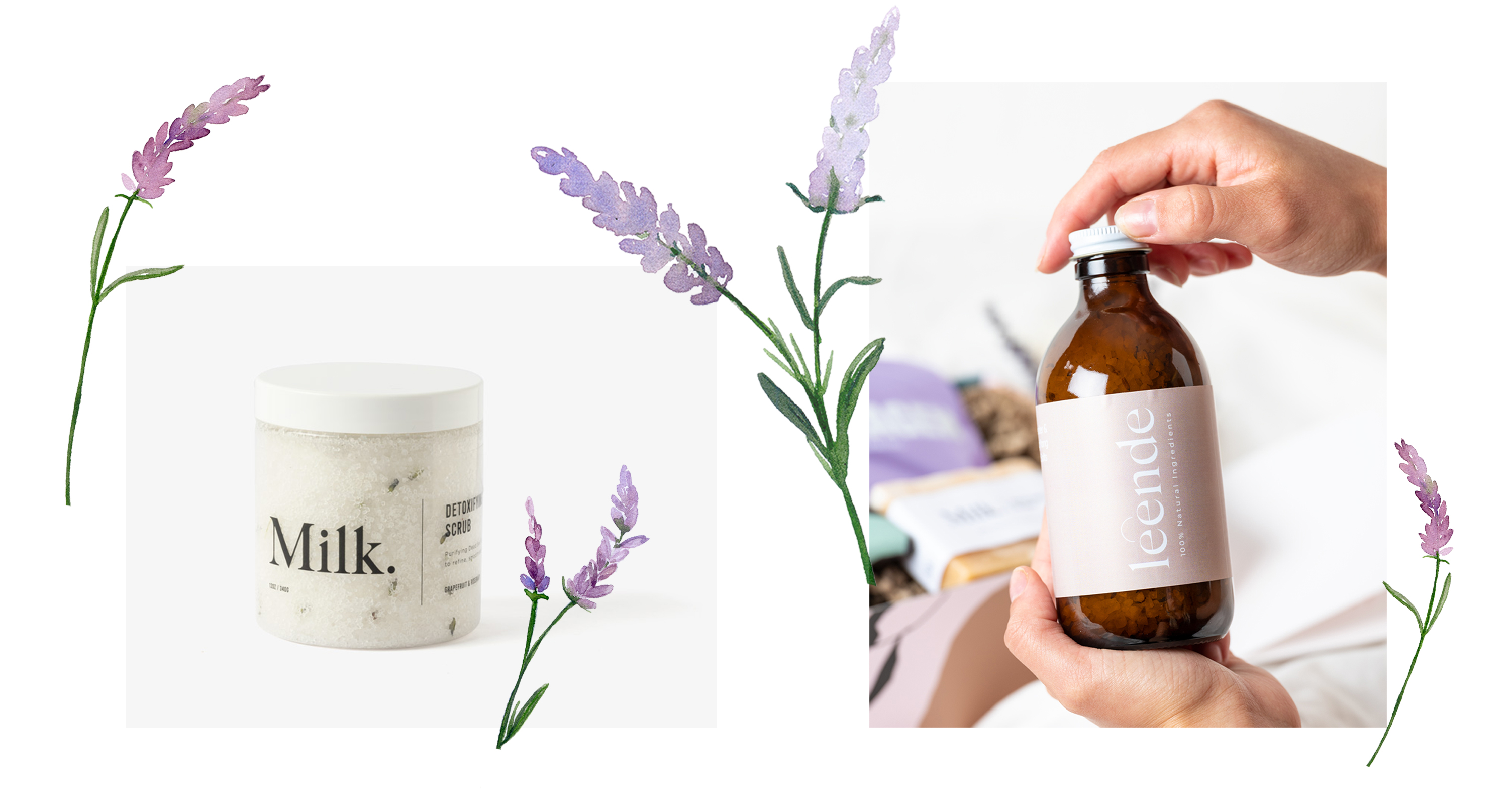 Milk Body Scrub and Ylang Ylang Bath Salts with lavender illustrations in purples