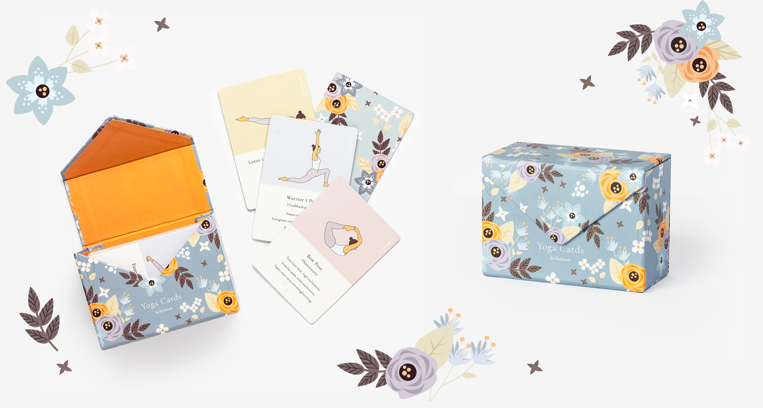 Set of 40 Yoga Cards with floral decoration in blues and oranges