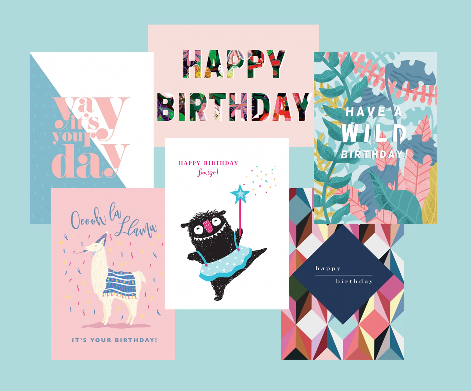 A Selection of Bookblock's Birthday Cards with a blue background