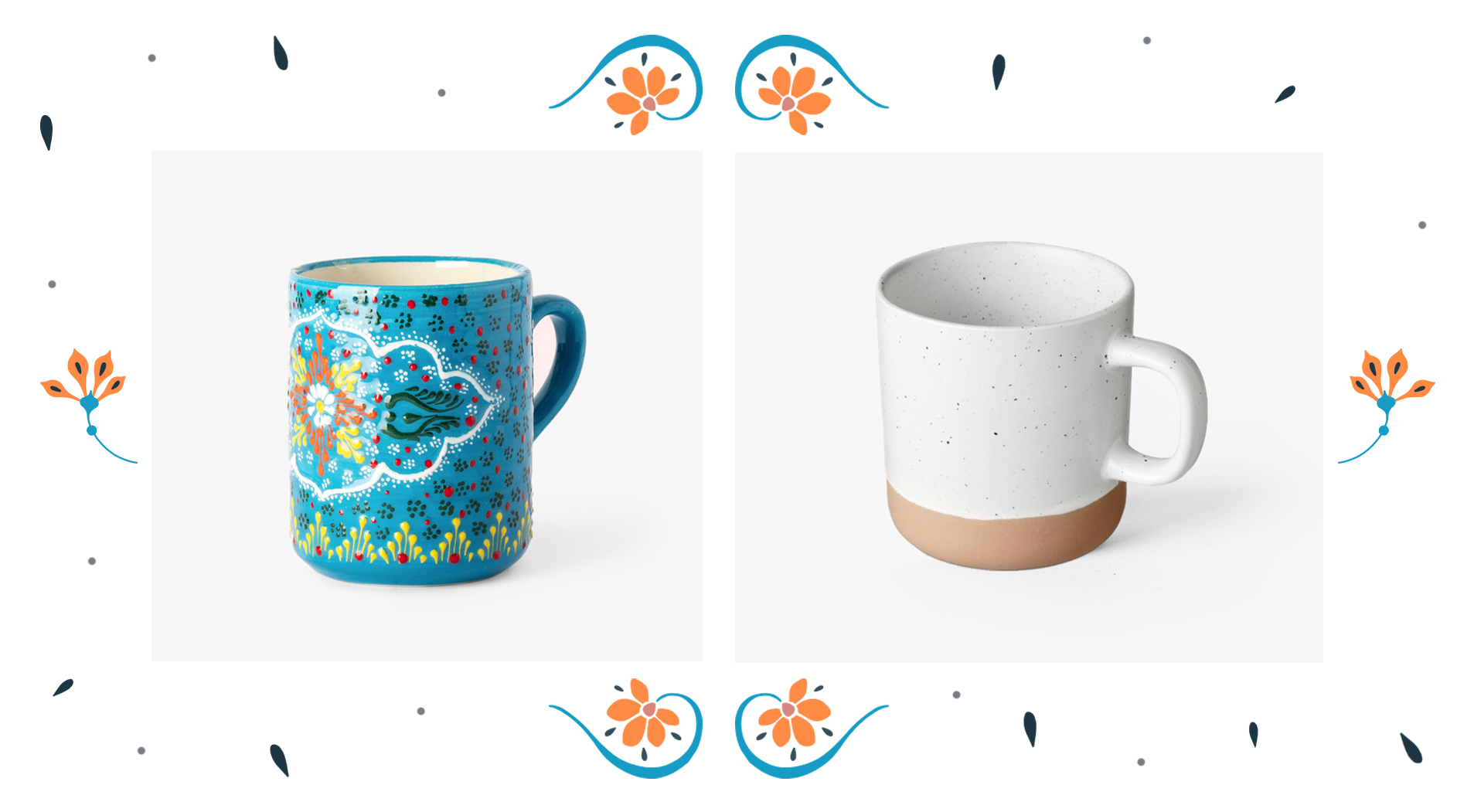 Blue Hand Painted Summer Ceramic Mug and White Ceramic Mug with Unglazed Bottom with floral decoration in oranges and blues