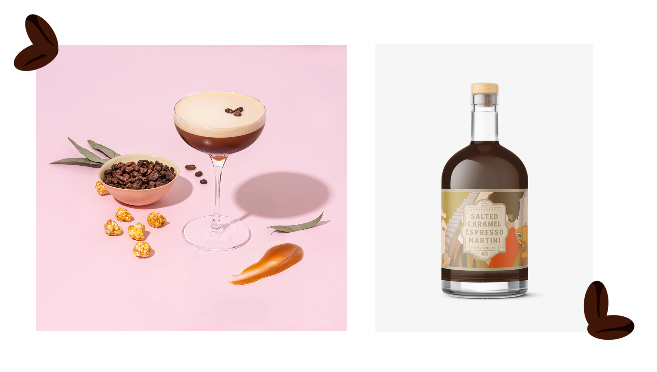 Salted Caramel Espresso Martini image with coffee beans and the cocktail bottled