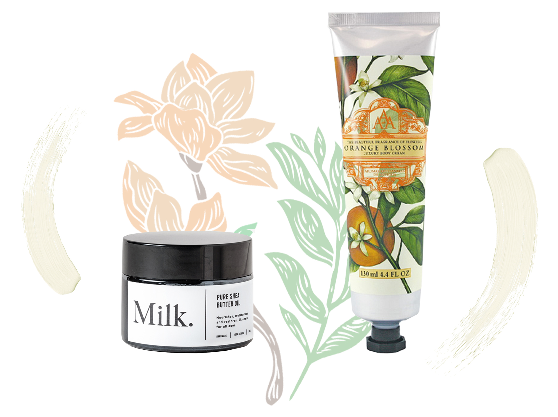 Pure Shea Butter Oil and Orange Blossom Body Cream with floral decoration in orange and green