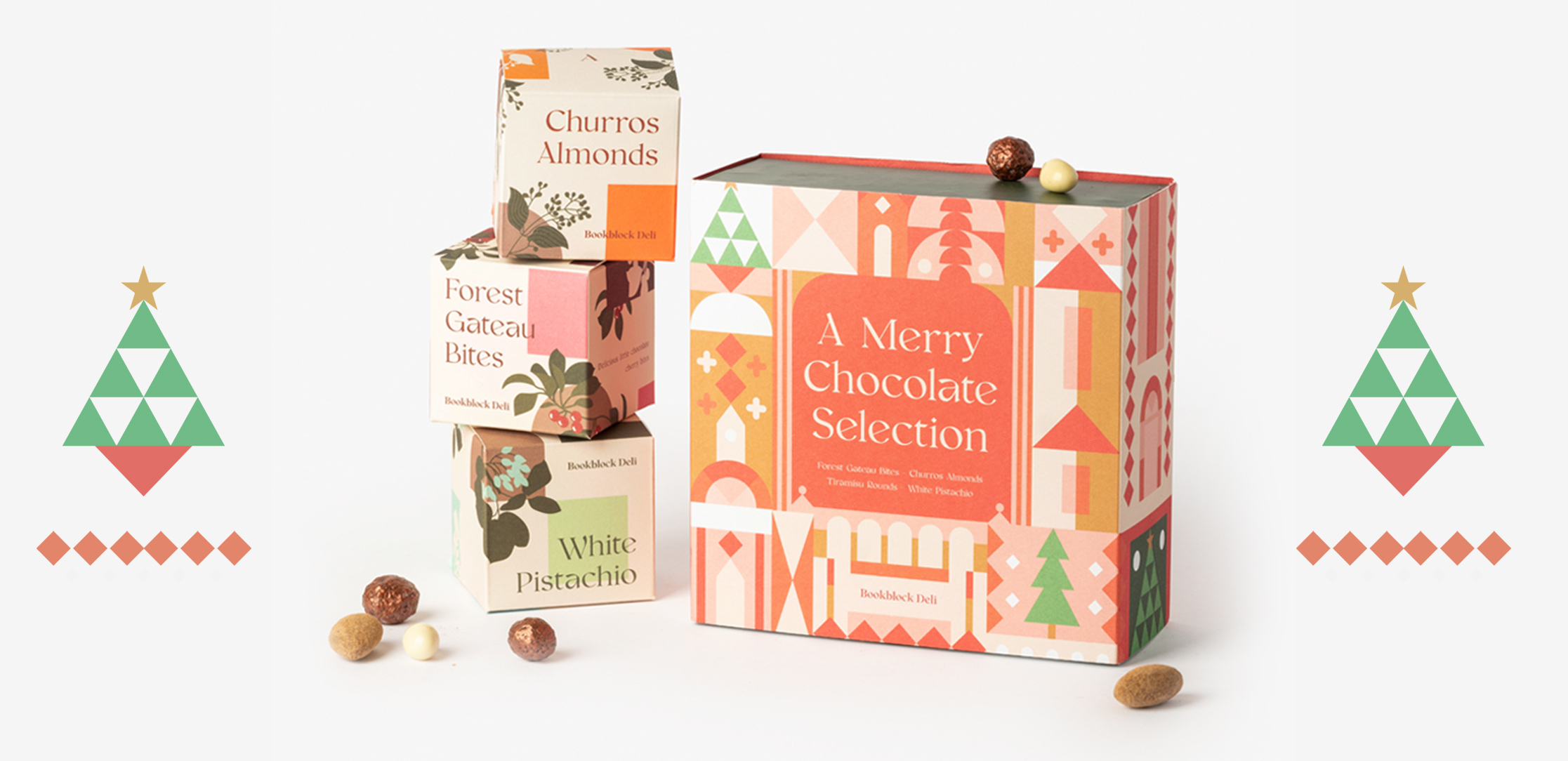 A Merry Chocolate Selection with abstract christmas tree detail in green and orange