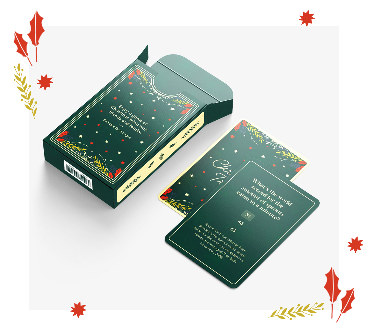 Christmas Trivia Cards with red and gold leafy decoration