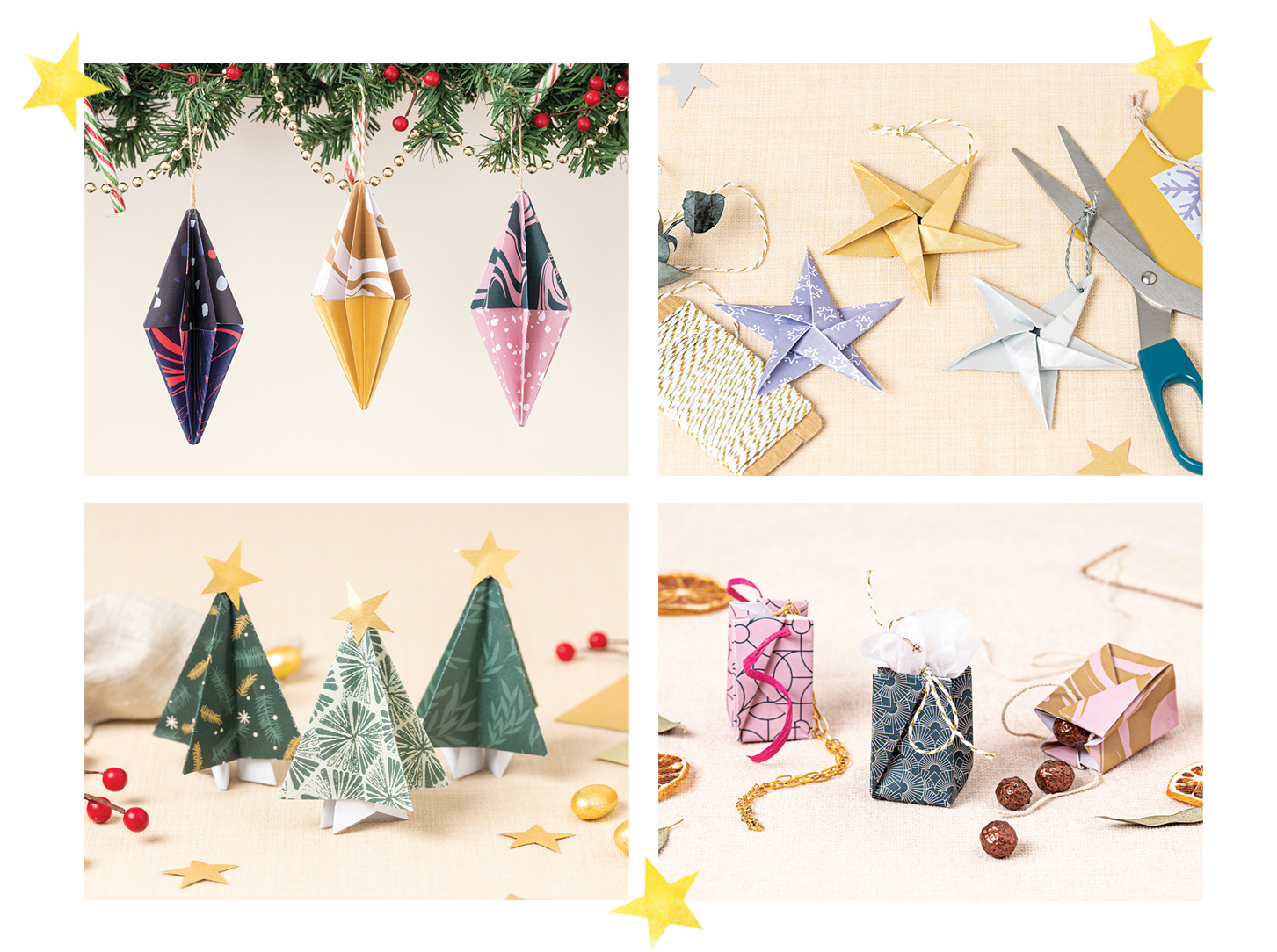 Diamond baubles, stars, christmas trees and presents origami with yellow star decorations