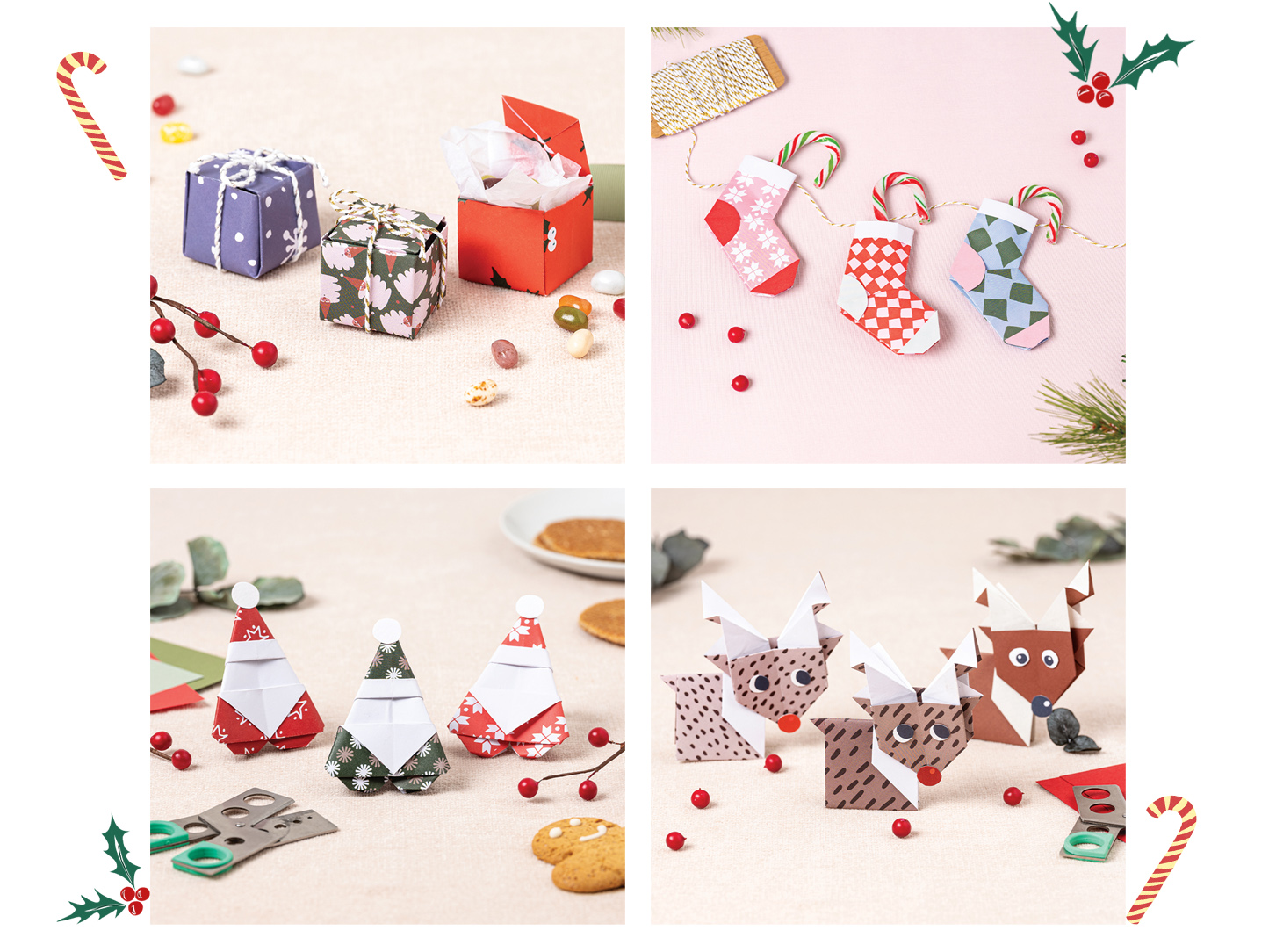 Presents, stockings, Santas and reindeer origami characters with candy cane and holly decorations