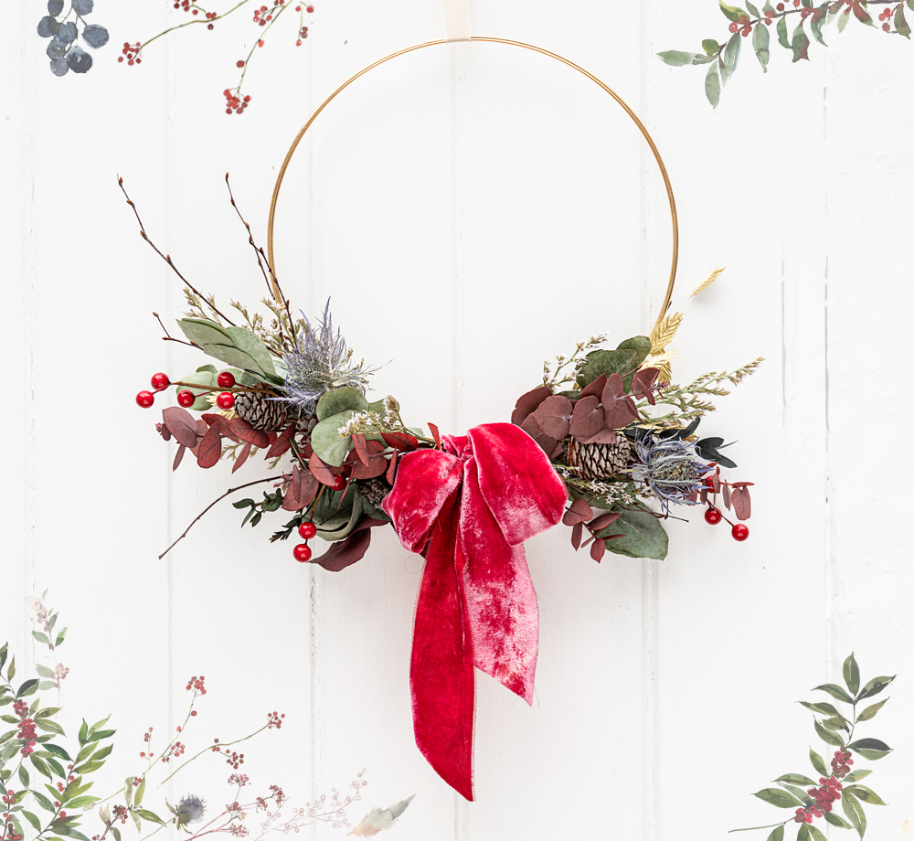 Festive Flower Wreath Kit with winter foliage decoration in greens and reds
