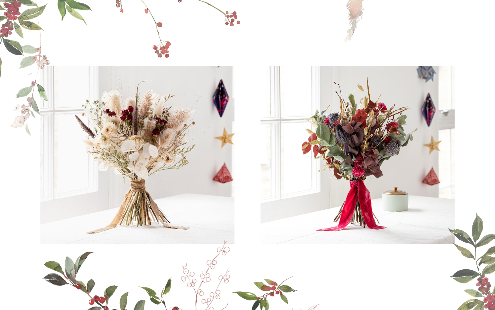 Martha and Natalia Large Festive Dried Flower Bouquets with winter foliage decoration