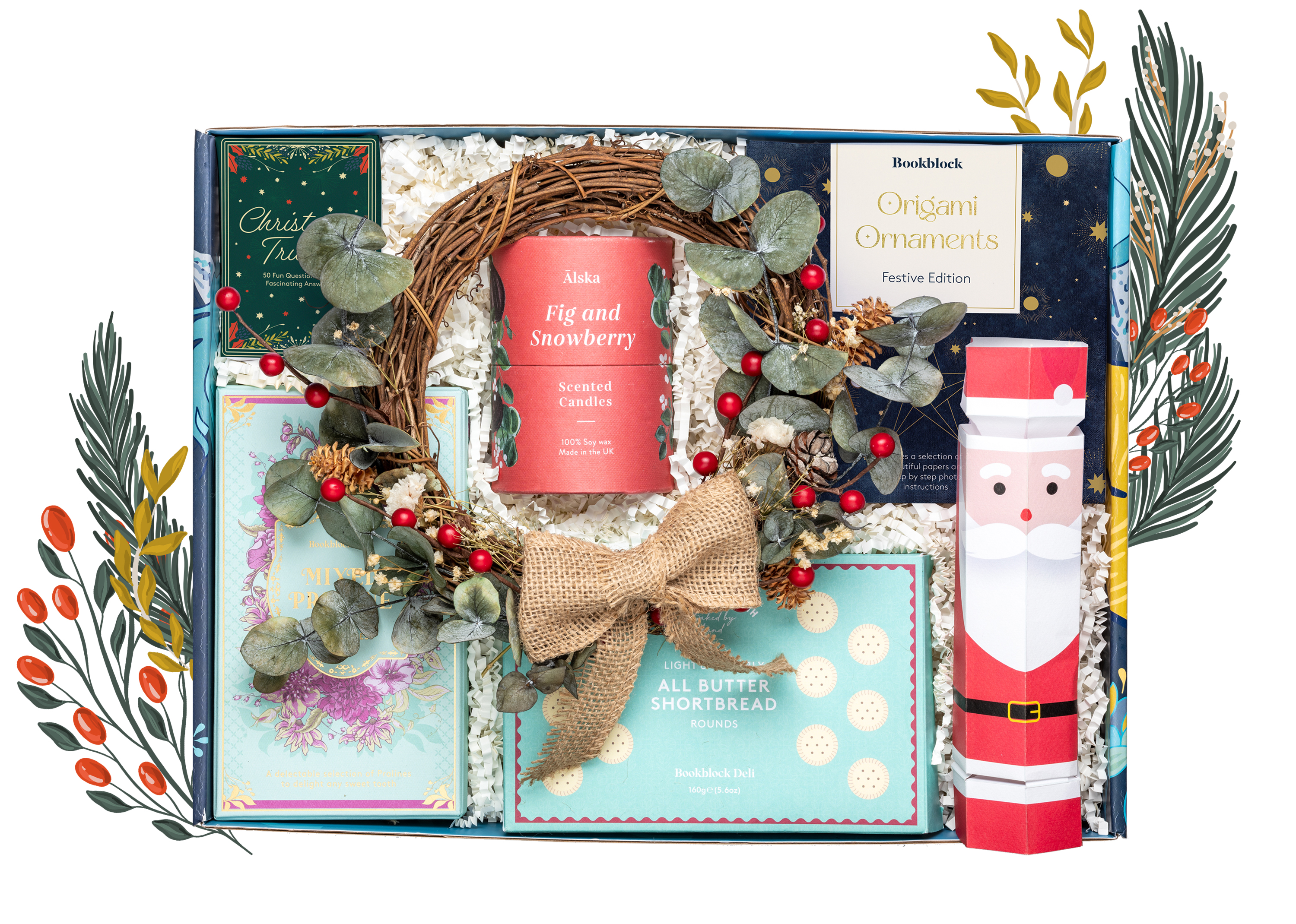 Family Christmas box with festive leaf decorations in red, green and gold