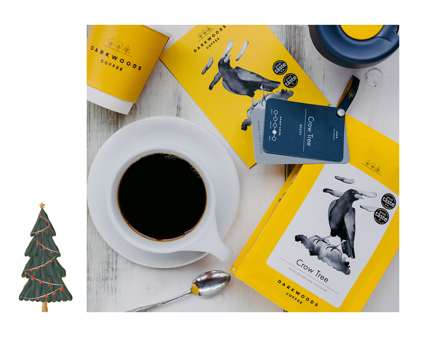 Crow Tree Ground Coffee with a decorative Christmas tree illustration 