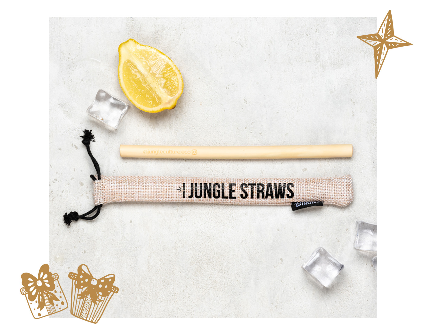 Reusable Bamboo Straw with decorative Christmas presents and a star in gold