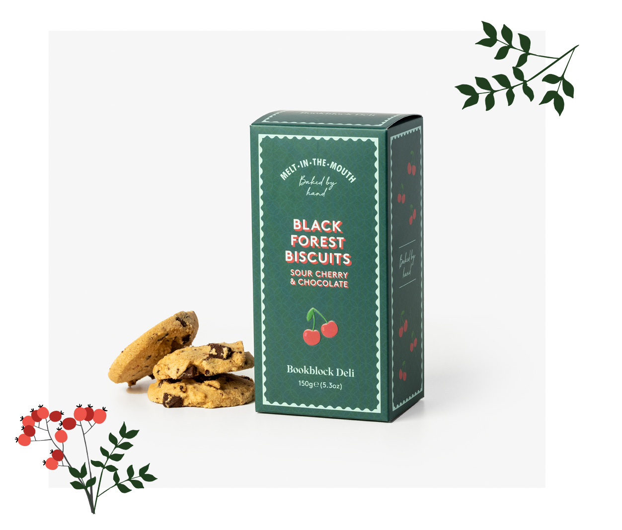 Black Forest Biscuits with illustrated christmas foliage in green and red